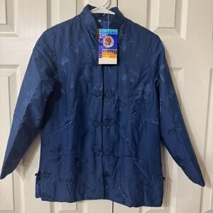Peony Brand Silk wadding jacket Blue Embroidered Mandarin Collar Frog Closure